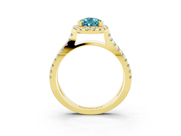 Yellow gold Pear Cut Blue Topaz Halo Ring with Split Shank Pavé Band and Prong Setting