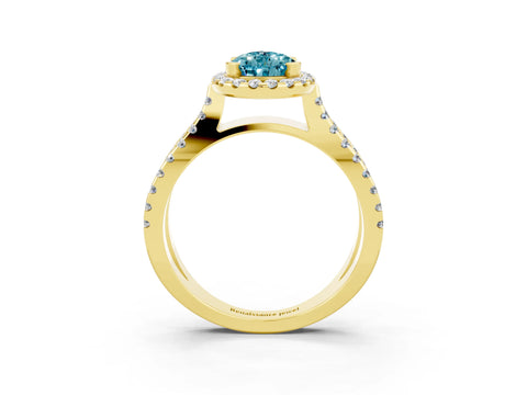 Yellow gold Pear Cut Blue Topaz Halo Ring with Split Shank Pavé Band and Prong Setting_3