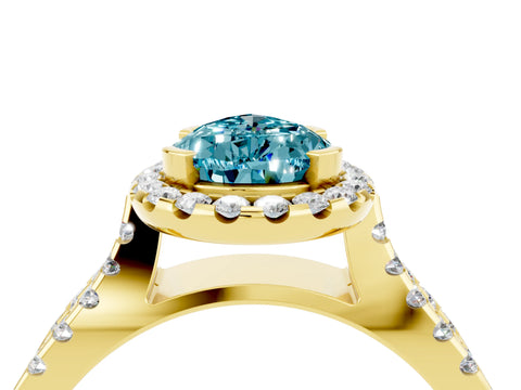 Yellow gold Pear Cut Blue Topaz Halo Ring with Split Shank Pavé Band and Prong Setting_4