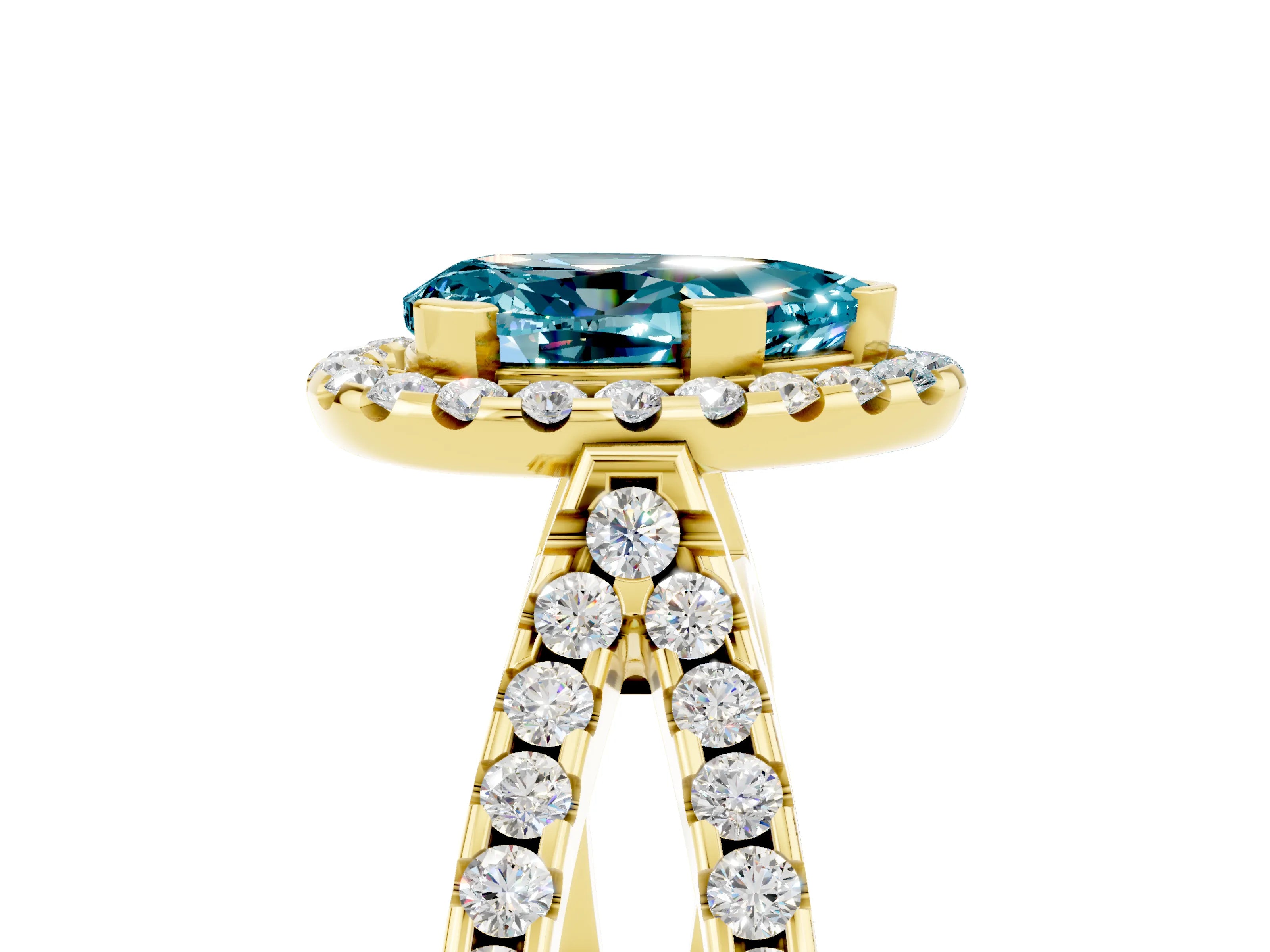 Yellow gold Pear Cut Blue Topaz Halo Ring with Split Shank Pavé Band and Prong Setting_5