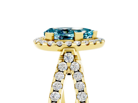 Yellow gold Pear Cut Blue Topaz Halo Ring with Split Shank Pavé Band and Prong Setting_5