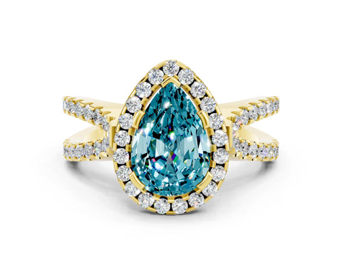 Yellow gold Pear Cut Blue Topaz Halo Ring with Split Shank Pavé Band and Prong Setting
