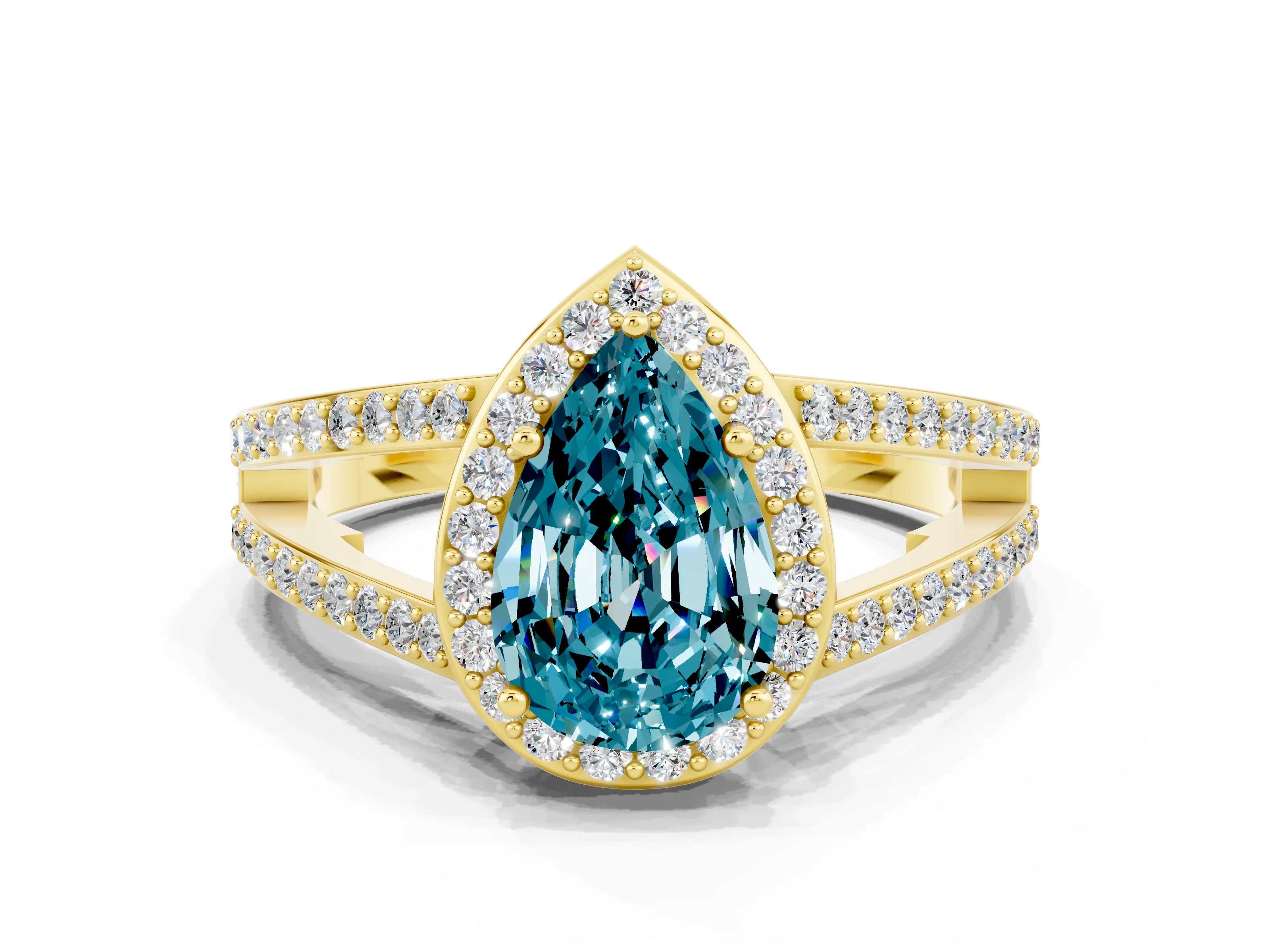 Yellow gold Pear Cut Blue Topaz Halo Ring with Split Shank U-Prong Band and Four-Prong Setting