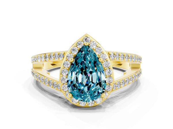 Yellow gold Pear Cut Blue Topaz Halo Ring with Split Shank U-Prong Band and Four-Prong Setting