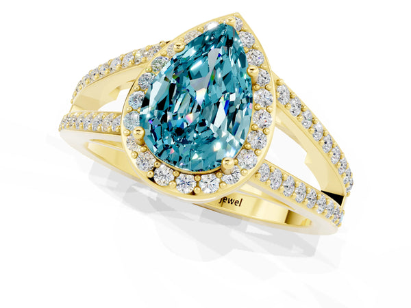 Yellow gold Pear Cut Blue Topaz Halo Ring with Split Shank U-Prong Band and Four-Prong Setting