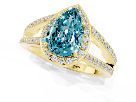 Yellow gold Pear Cut Blue Topaz Halo Ring with Split Shank U-Prong Band and Four-Prong Setting_1