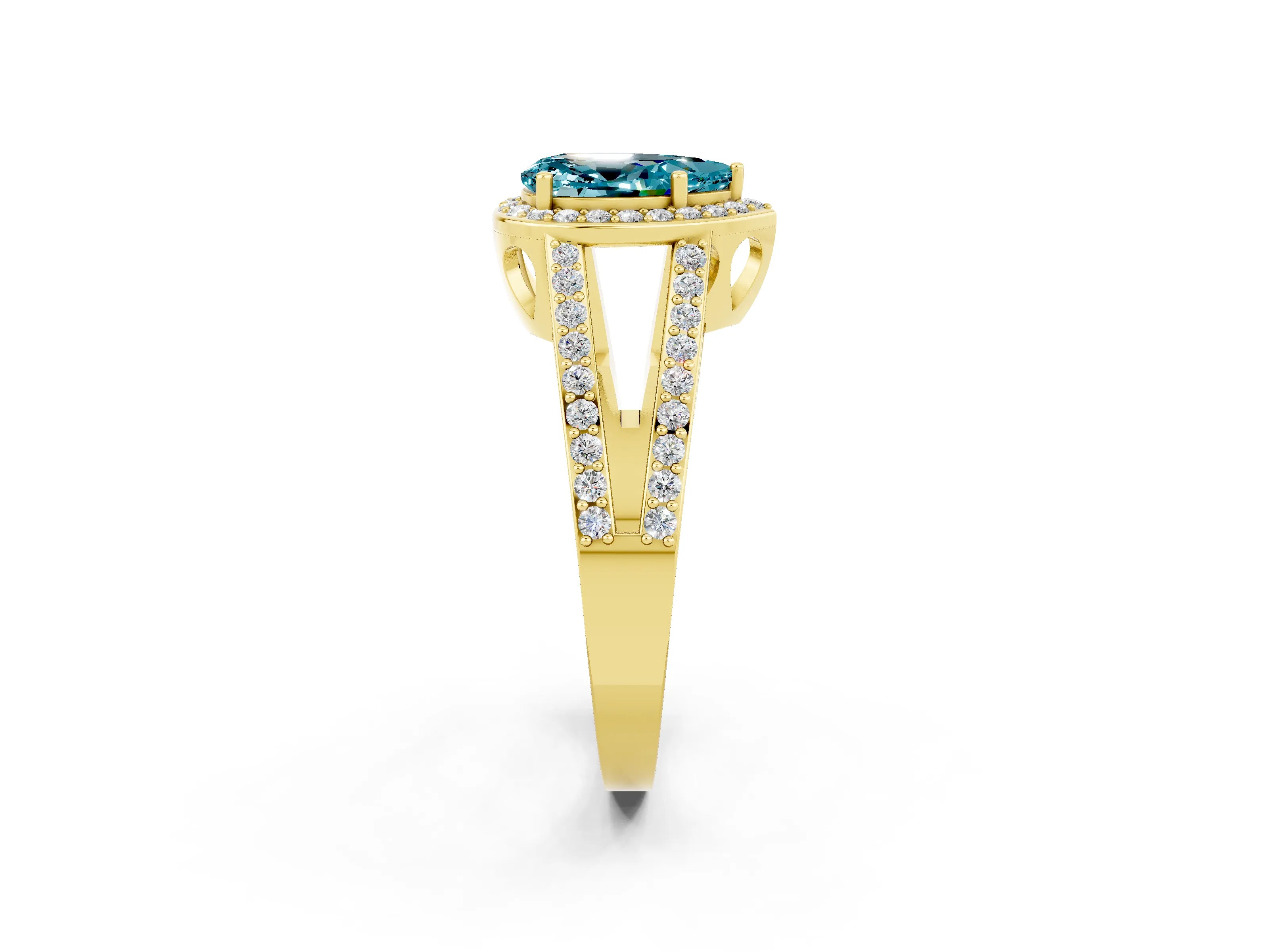Yellow gold Pear Cut Blue Topaz Halo Ring with Split Shank U-Prong Band and Four-Prong Setting_2