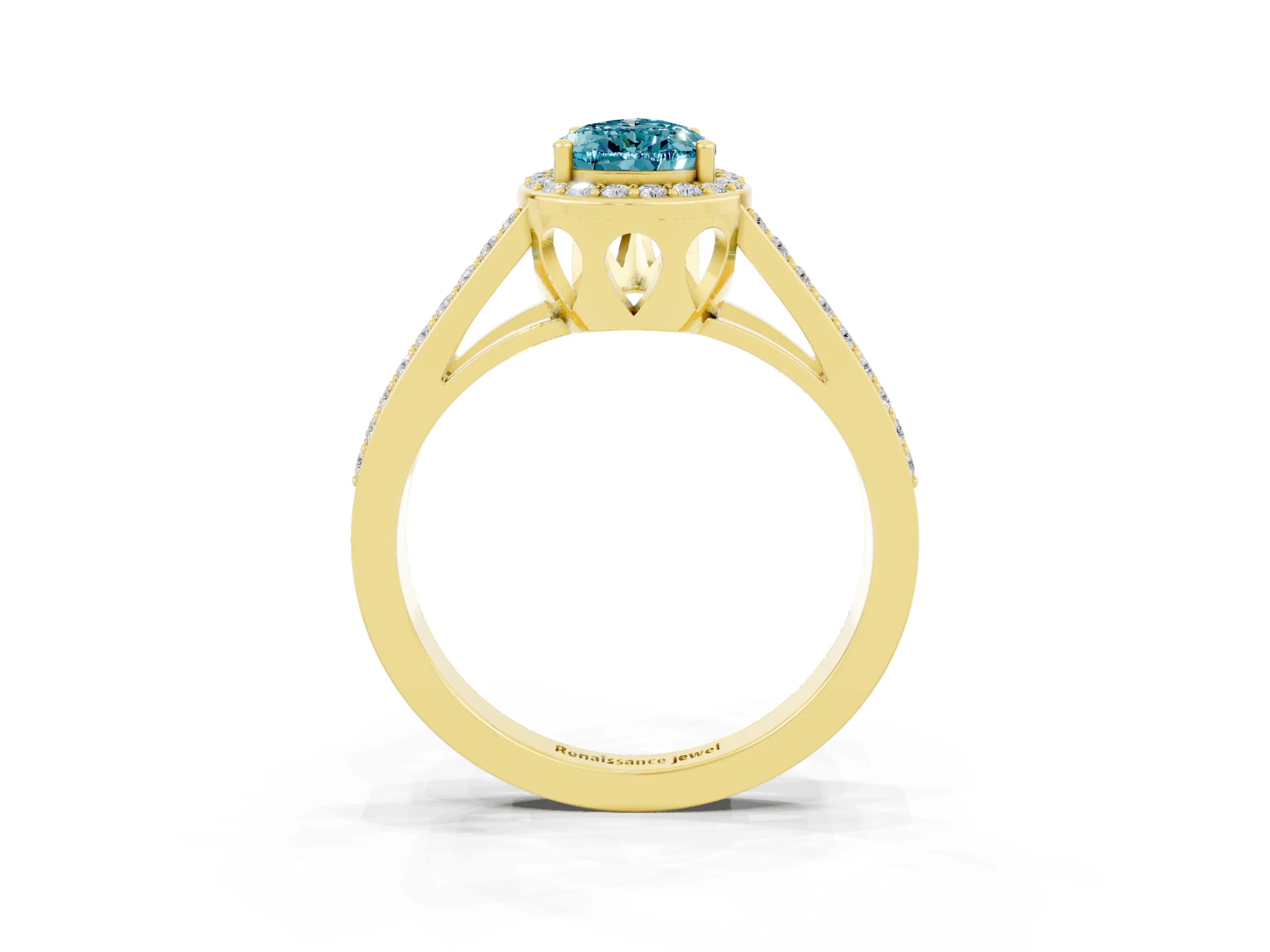 Yellow gold Pear Cut Blue Topaz Halo Ring with Split Shank U-Prong Band and Four-Prong Setting_3