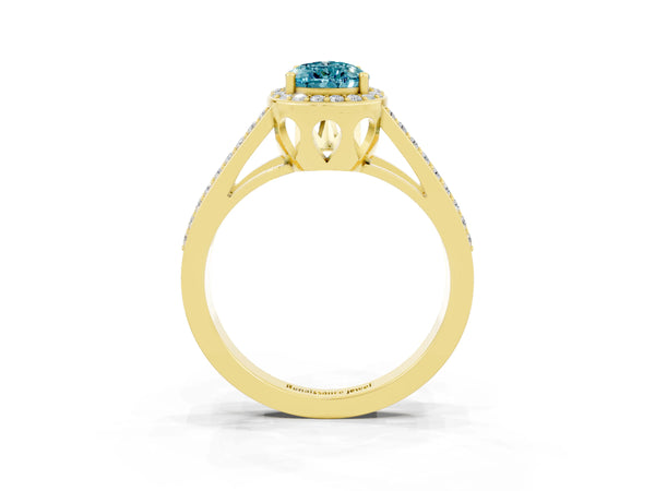 Yellow gold Pear Cut Blue Topaz Halo Ring with Split Shank U-Prong Band and Four-Prong Setting