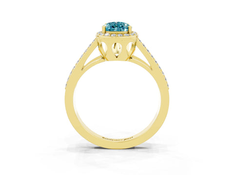 Yellow gold Pear Cut Blue Topaz Halo Ring with Split Shank U-Prong Band and Four-Prong Setting_3