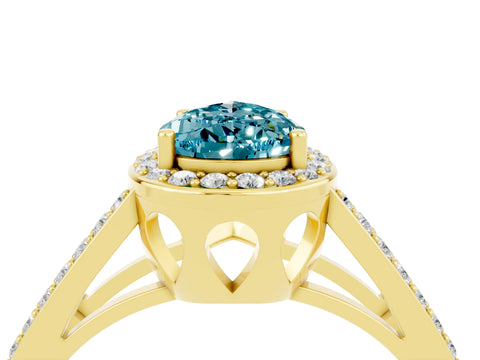 Yellow gold Pear Cut Blue Topaz Halo Ring with Split Shank U-Prong Band and Four-Prong Setting_4