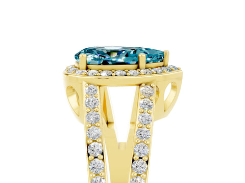 Yellow gold Pear Cut Blue Topaz Halo Ring with Split Shank U-Prong Band and Four-Prong Setting_5