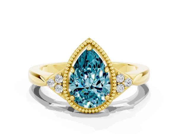 Yellow gold Pear Cut Blue Topaz Halo Ring with Tapered Band and Four-Prong Setting