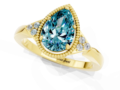 Yellow gold Pear Cut Blue Topaz Halo Ring with Tapered Band and Four-Prong Setting_1