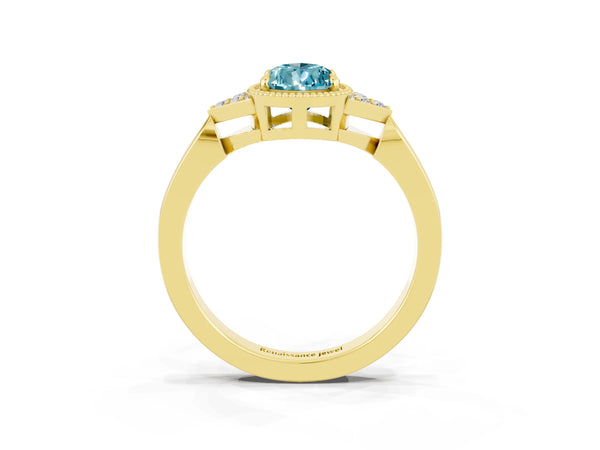 Yellow gold Pear Cut Blue Topaz Halo Ring with Tapered Band and Four-Prong Setting