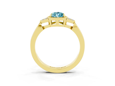 Yellow gold Pear Cut Blue Topaz Halo Ring with Tapered Band and Four-Prong Setting_3