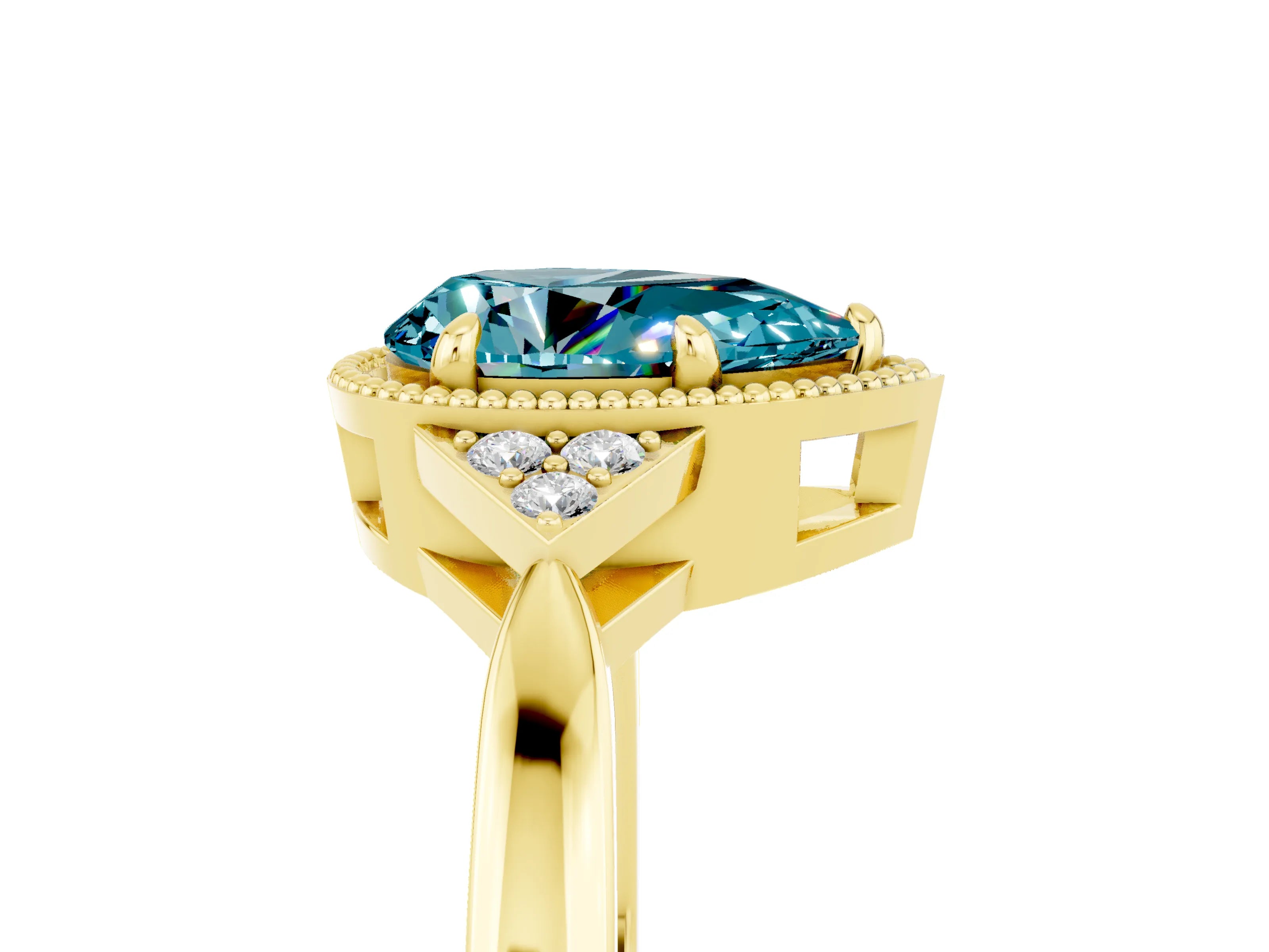 Yellow gold Pear Cut Blue Topaz Halo Ring with Tapered Band and Four-Prong Setting_5