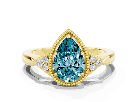 Yellow gold Pear Cut Blue Topaz Halo Ring with Tapered Band and Four-Prong Setting