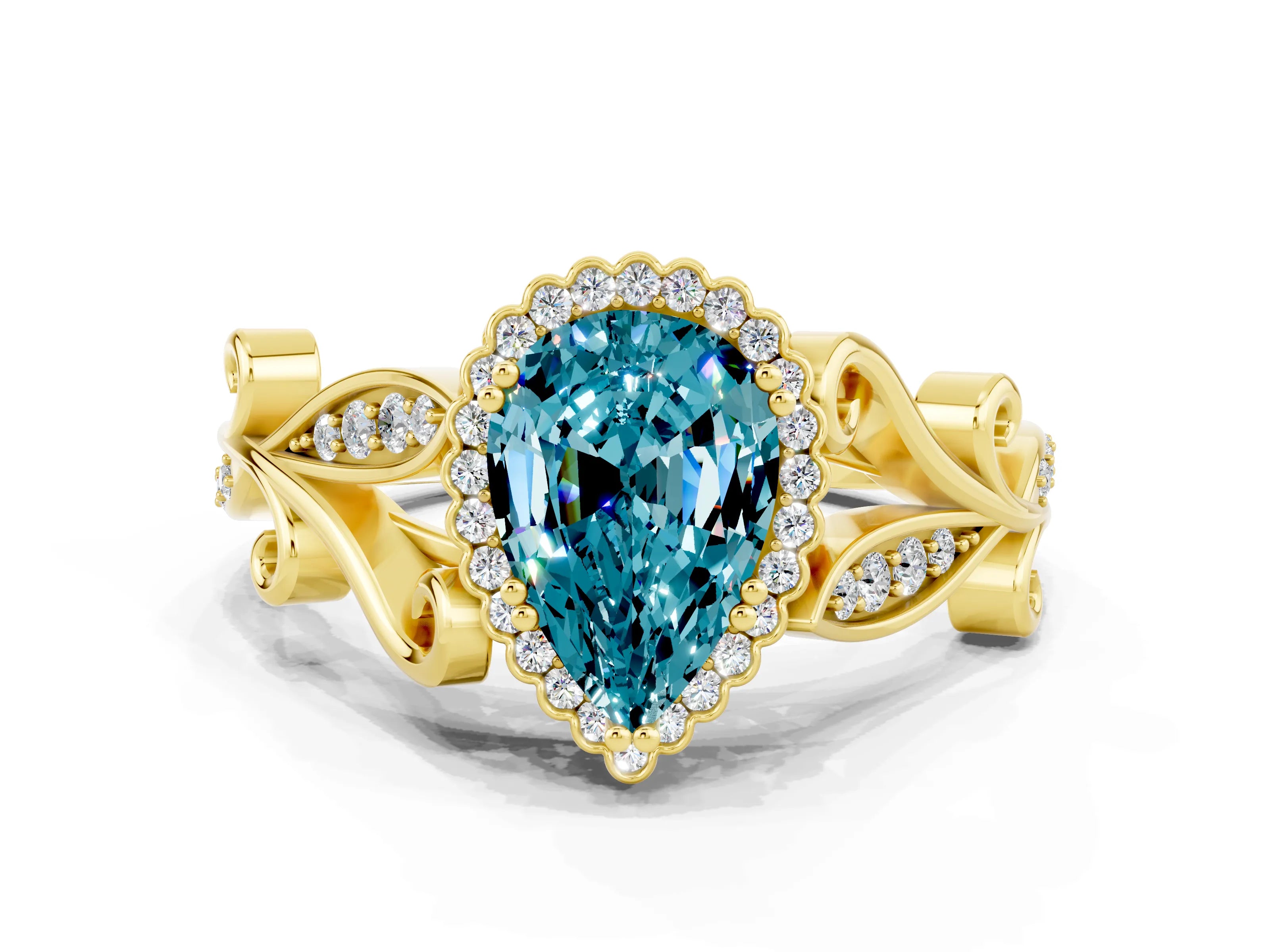 Yellow gold Pear Cut Blue Topaz Halo Ring with Vintage Split Shank and Four-Prong Setting