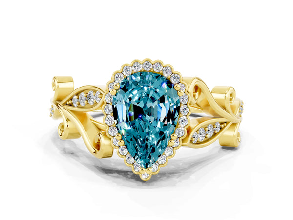Yellow gold Pear Cut Blue Topaz Halo Ring with Vintage Split Shank and Four-Prong Setting