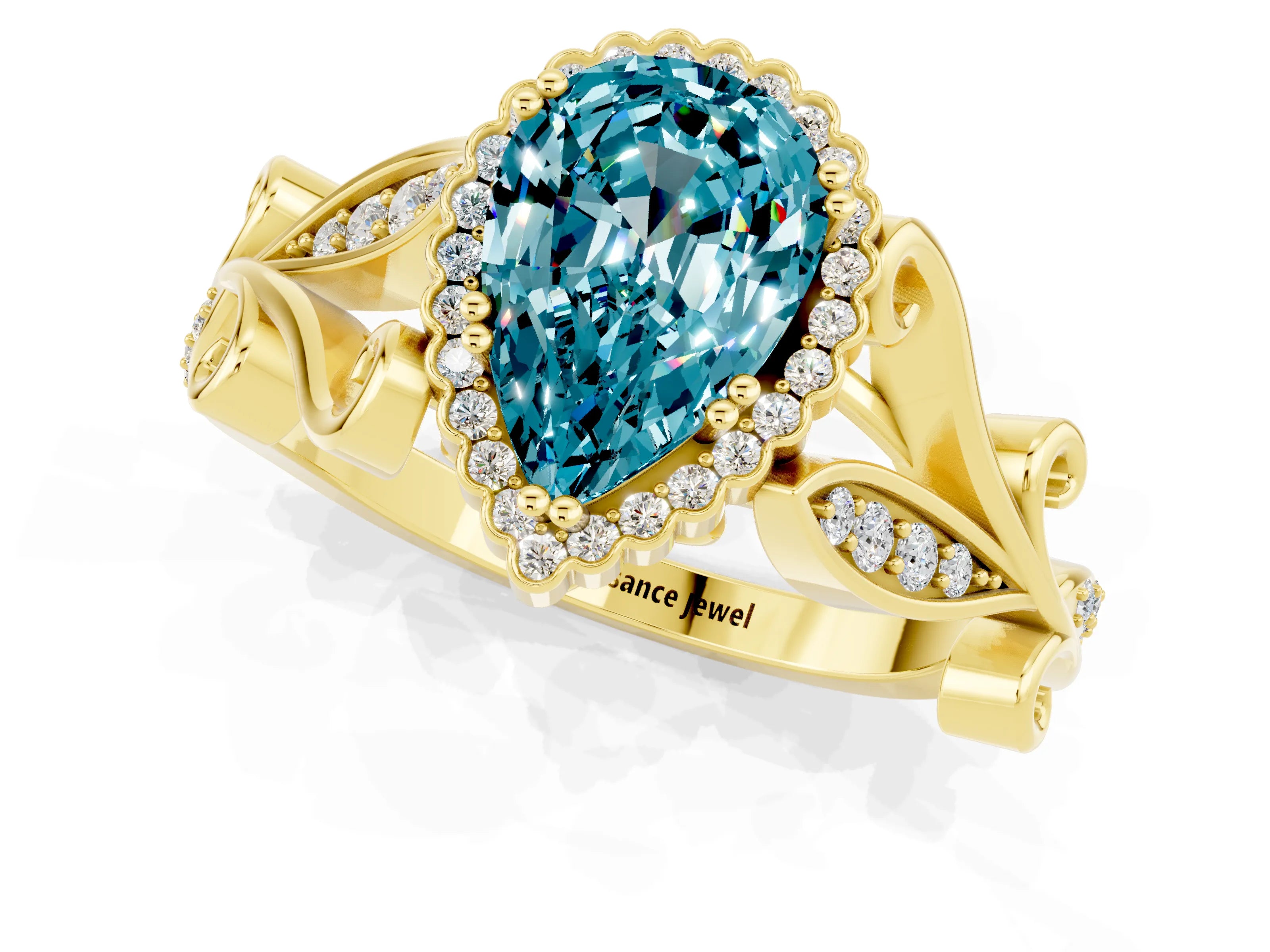 Yellow gold Pear Cut Blue Topaz Halo Ring with Vintage Split Shank and Four-Prong Setting_1