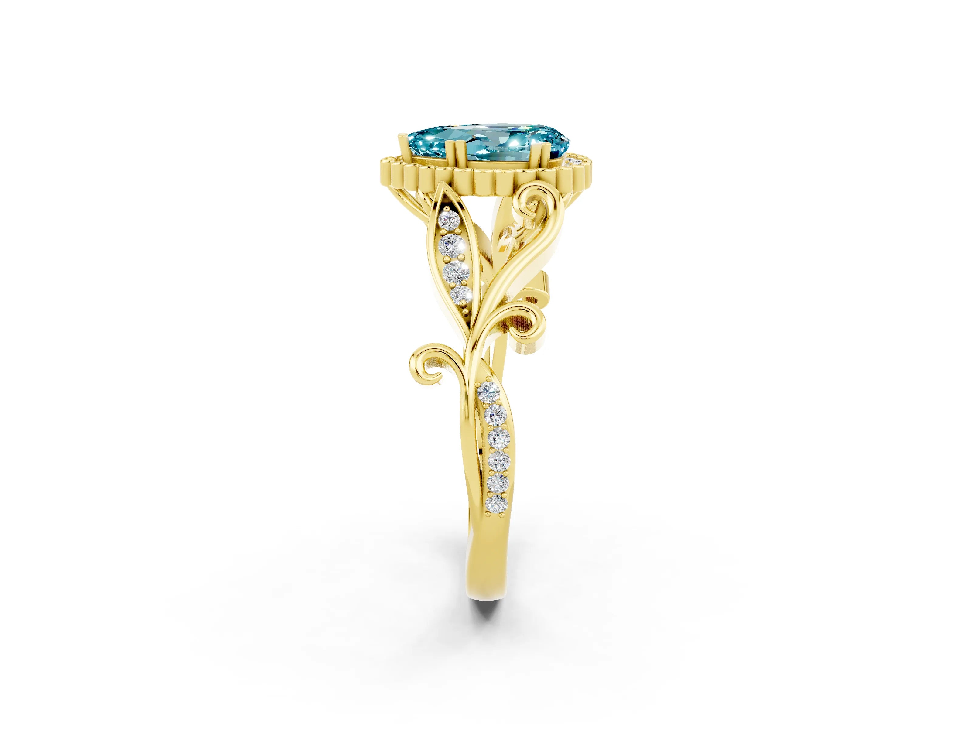 Yellow gold Pear Cut Blue Topaz Halo Ring with Vintage Split Shank and Four-Prong Setting_2