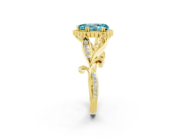 Yellow gold Pear Cut Blue Topaz Halo Ring with Vintage Split Shank and Four-Prong Setting