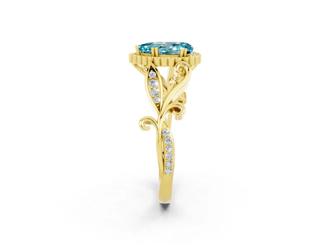 Yellow gold Pear Cut Blue Topaz Halo Ring with Vintage Split Shank and Four-Prong Setting_2