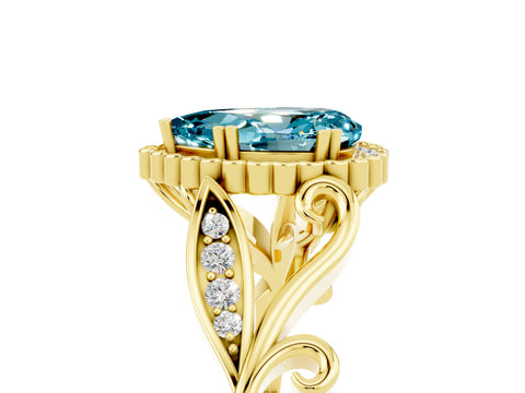 Yellow gold Pear Cut Blue Topaz Halo Ring with Vintage Split Shank and Four-Prong Setting_5