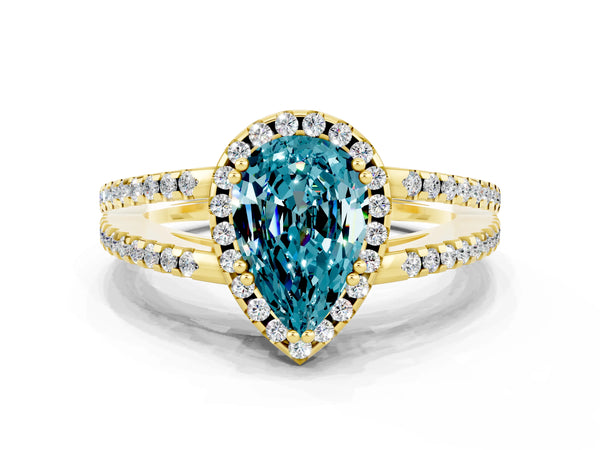 Yellow gold Pear Cut Blue Topaz Halo Split Shank Engagement Ring