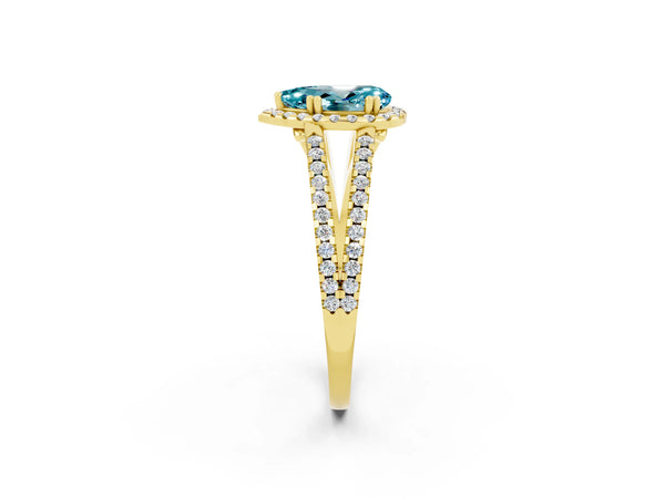 Yellow gold Pear Cut Blue Topaz Halo Split Shank Engagement Ring