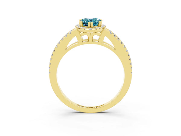 Yellow gold Pear Cut Blue Topaz Halo Split Shank Engagement Ring