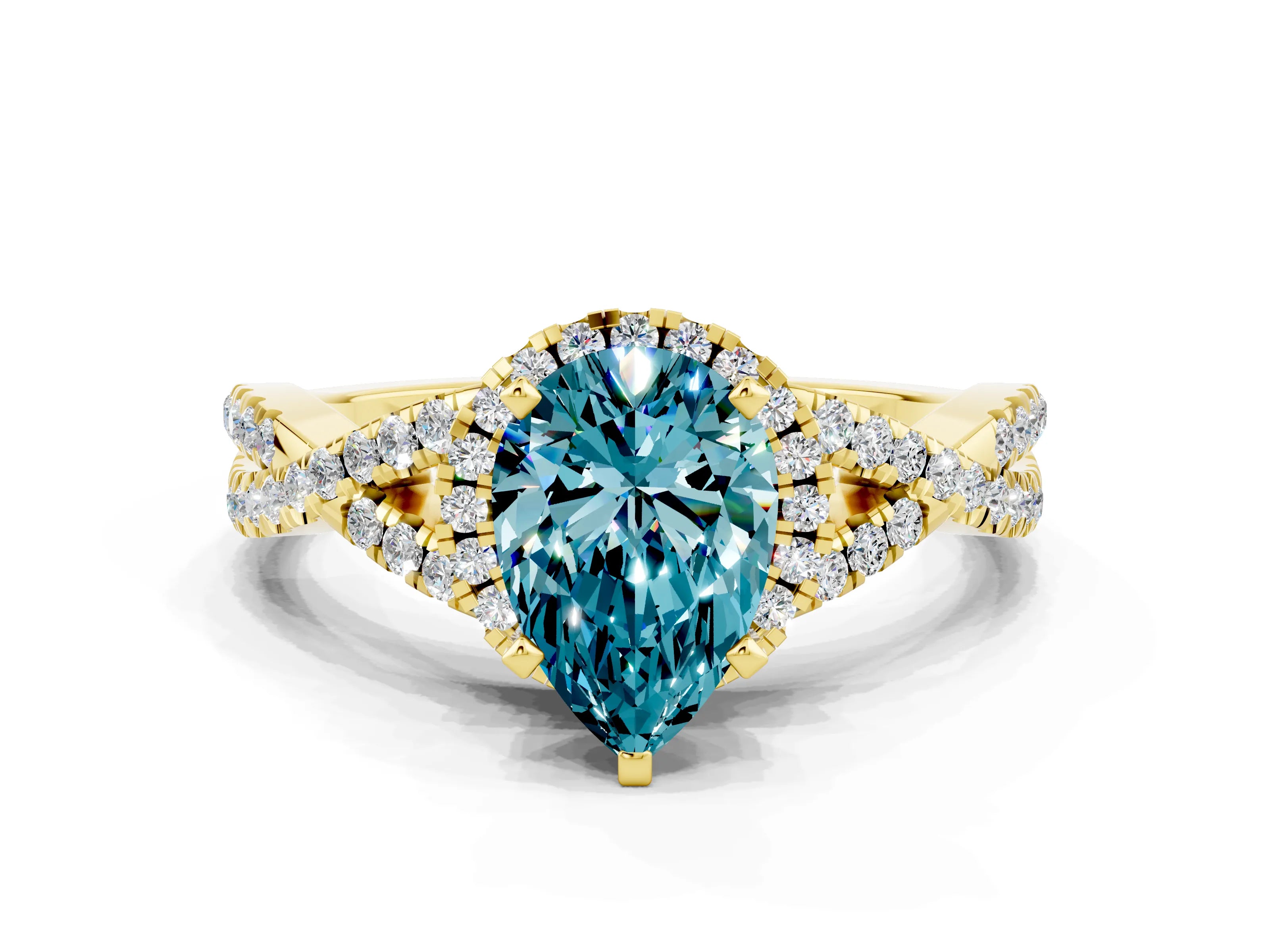 Yellow gold Pear Cut Blue Topaz Halo Twist Band Solitaire Prong Setting Ring