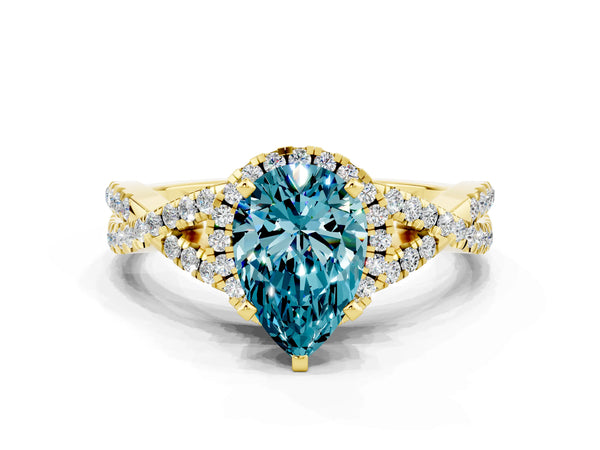 Yellow gold Pear Cut Blue Topaz  Halo Twist Band Solitaire Prong Setting Ring
