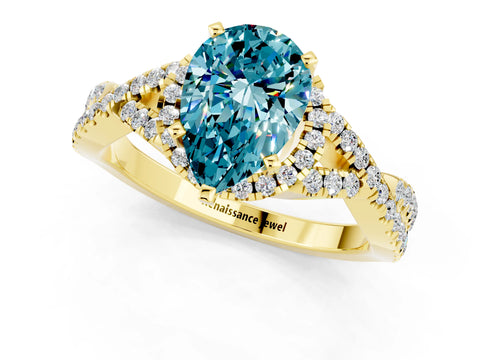 Yellow gold Pear Cut Blue Topaz Halo Twist Band Solitaire Prong Setting Ring_1