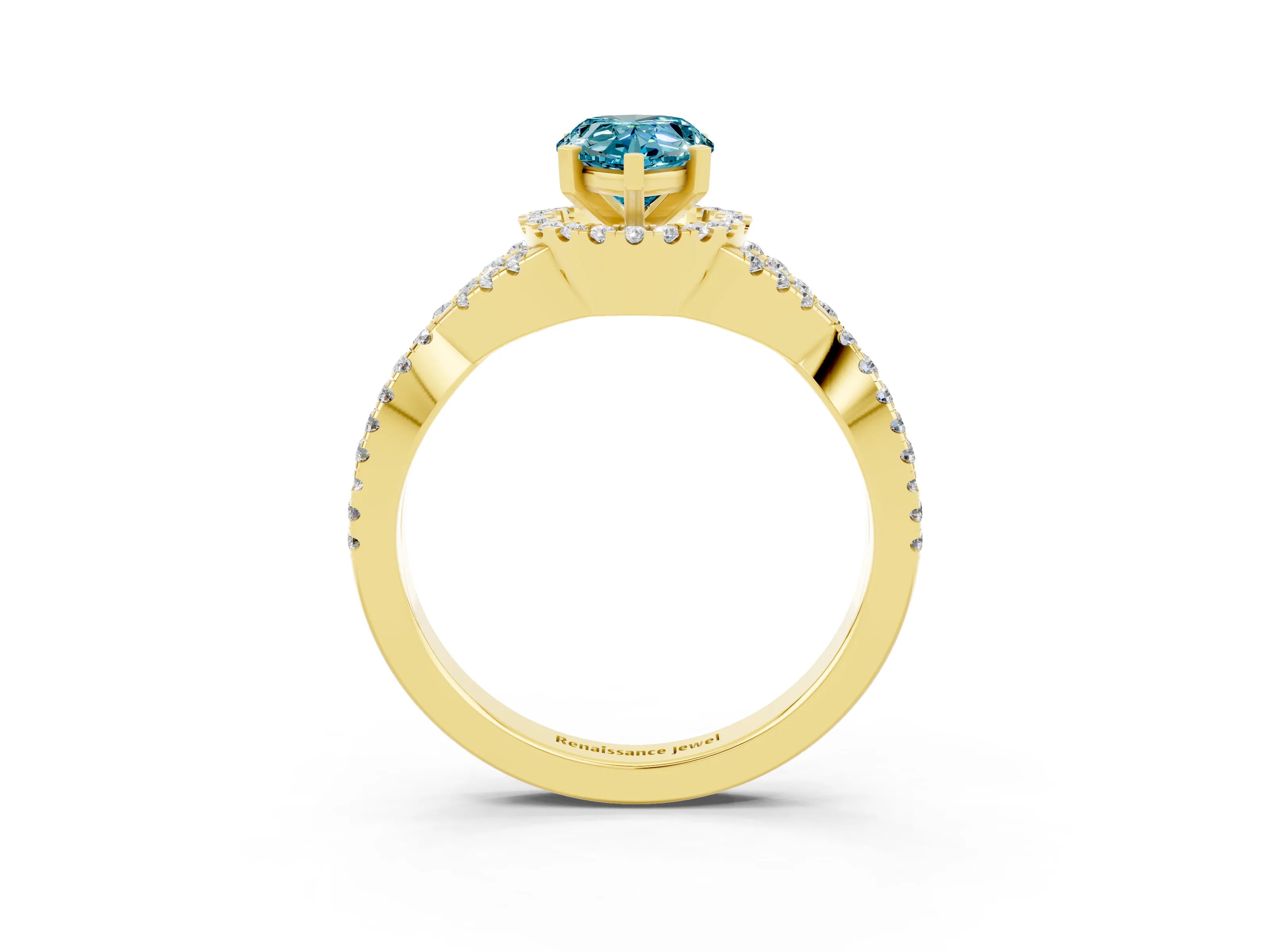 Yellow gold Pear Cut Blue Topaz Halo Twist Band Solitaire Prong Setting Ring_3