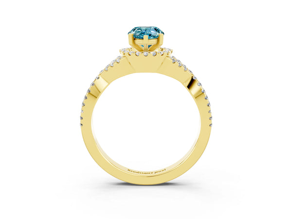 Yellow gold Pear Cut Blue Topaz  Halo Twist Band Solitaire Prong Setting Ring