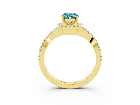 Yellow gold Pear Cut Blue Topaz Halo Twist Band Solitaire Prong Setting Ring_3