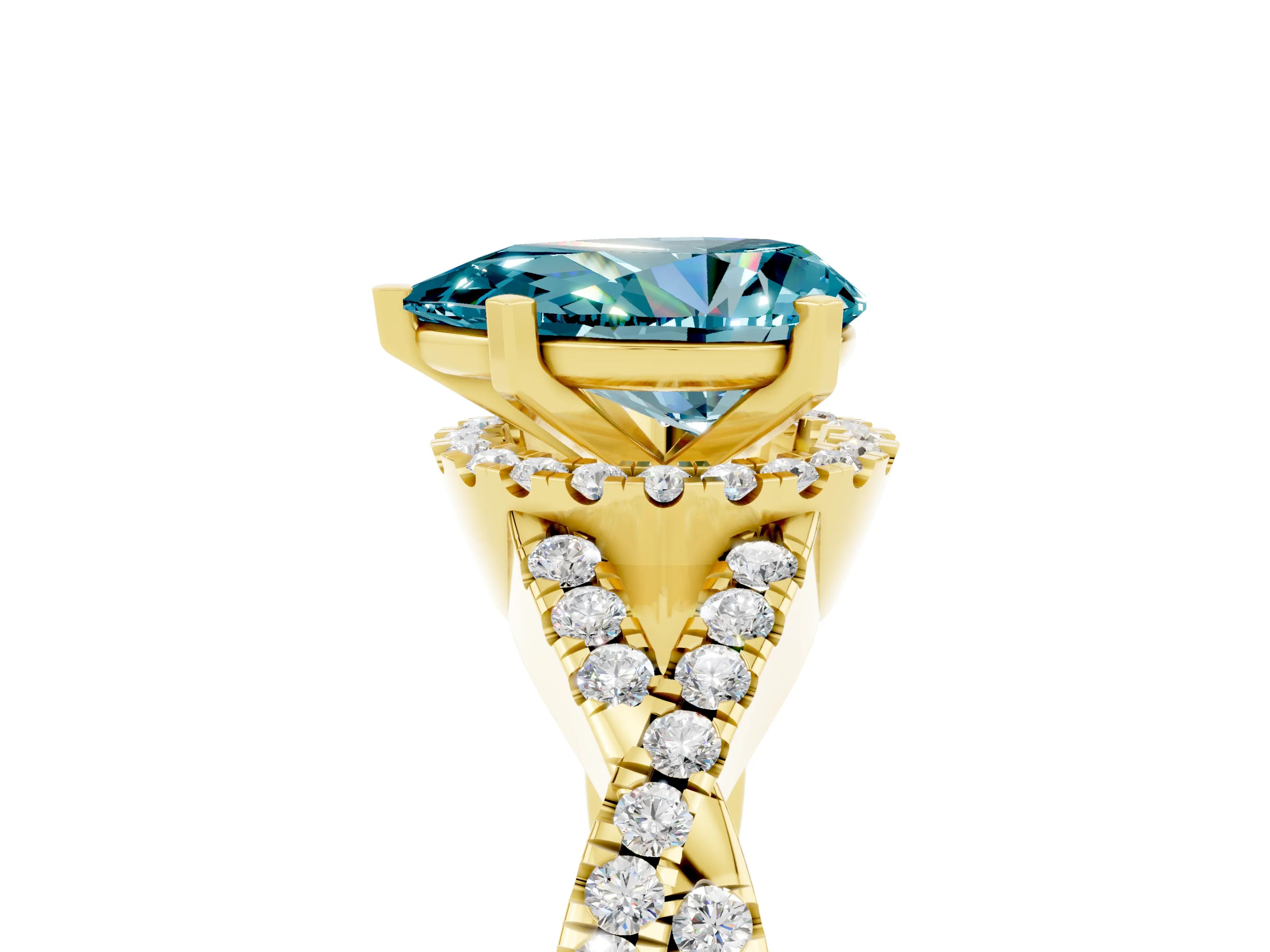 Yellow gold Pear Cut Blue Topaz Halo Twist Band Solitaire Prong Setting Ring_5