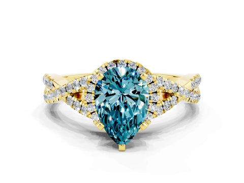 Yellow gold Pear Cut Blue Topaz Halo Twist Band Solitaire Prong Setting Ring