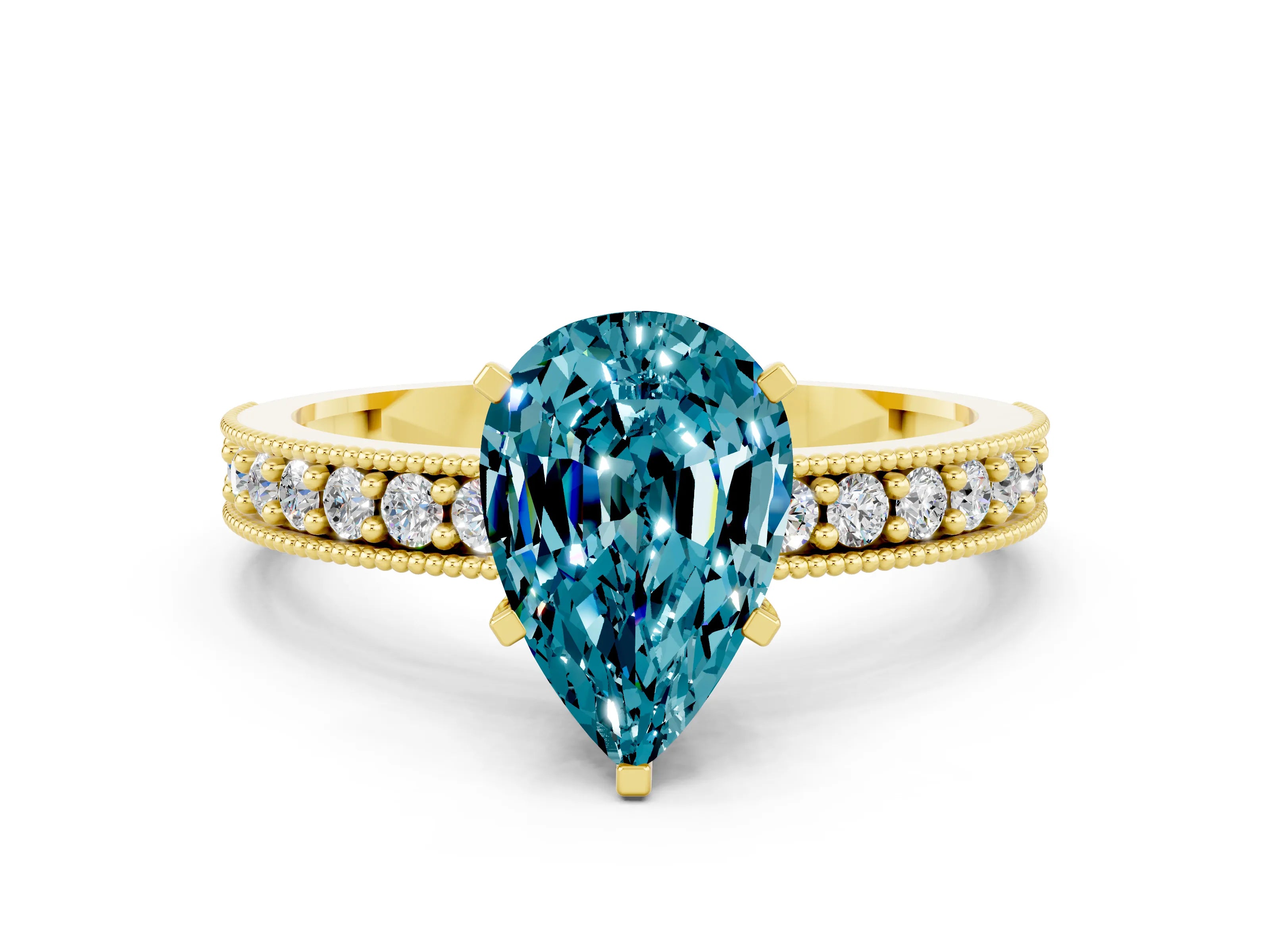 Yellow gold Pear Cut Blue Topaz Milgrain Pavé Engagement Ring with Four-Prong Setting