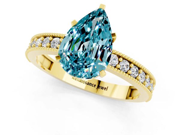 Yellow gold Pear Cut Blue Topaz Milgrain Pavé Engagement Ring with Four-Prong Setting