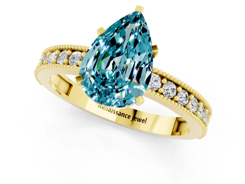 Yellow gold Pear Cut Blue Topaz Milgrain Pavé Engagement Ring with Four-Prong Setting_1