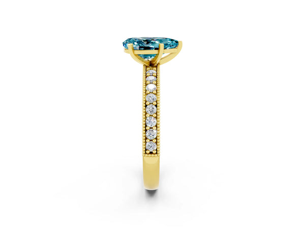 Yellow gold Pear Cut Blue Topaz Milgrain Pavé Engagement Ring with Four-Prong Setting
