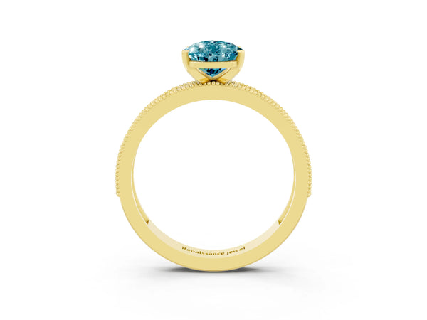 Yellow gold Pear Cut Blue Topaz Milgrain Pavé Engagement Ring with Four-Prong Setting