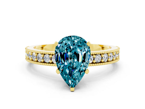 Yellow gold Pear Cut Blue Topaz Milgrain Pavé Engagement Ring with Four-Prong Setting