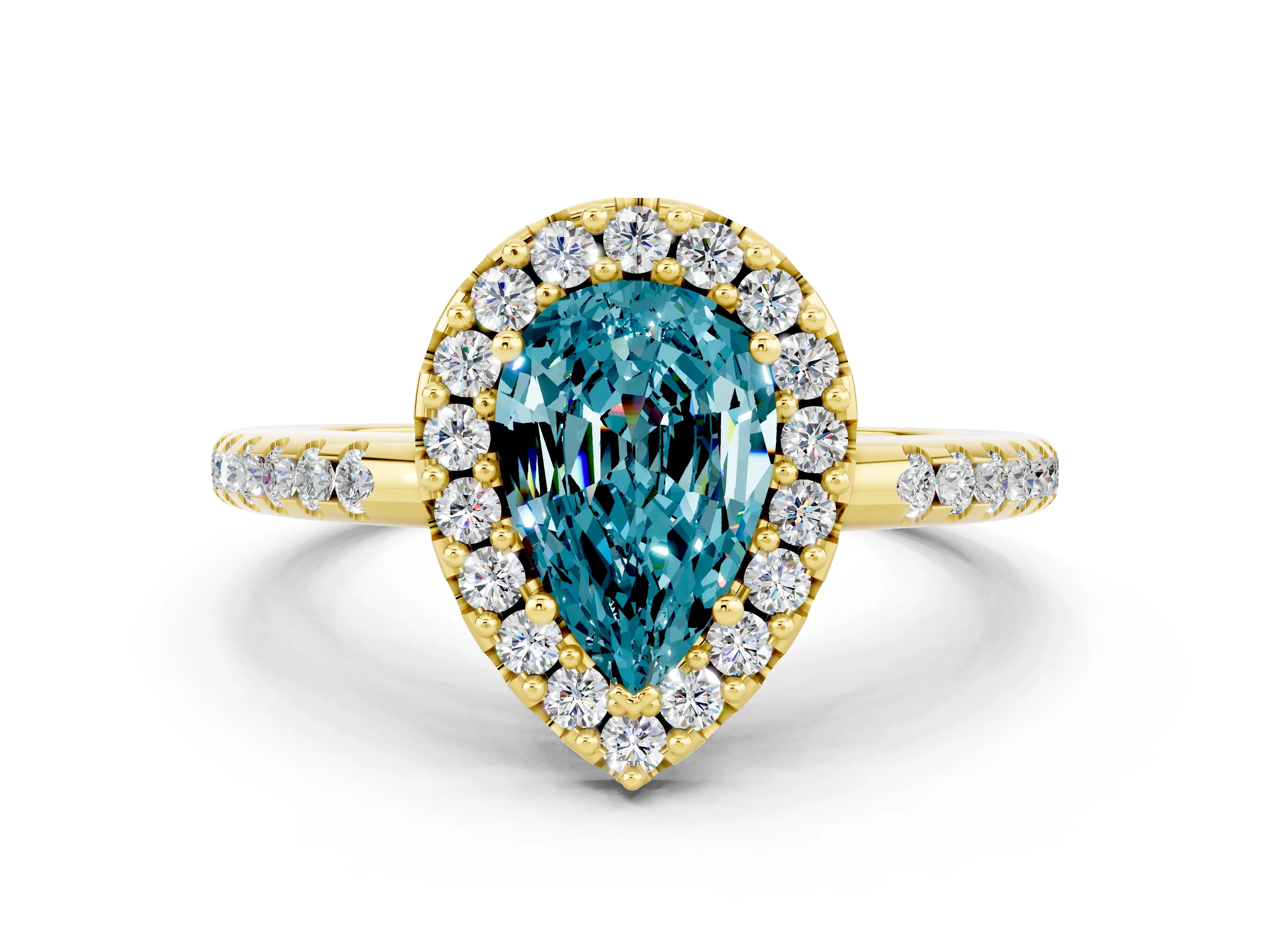 Yellow gold Pear Cut Blue Topaz Pavé Halo Ring with Four-Prong Setting_12