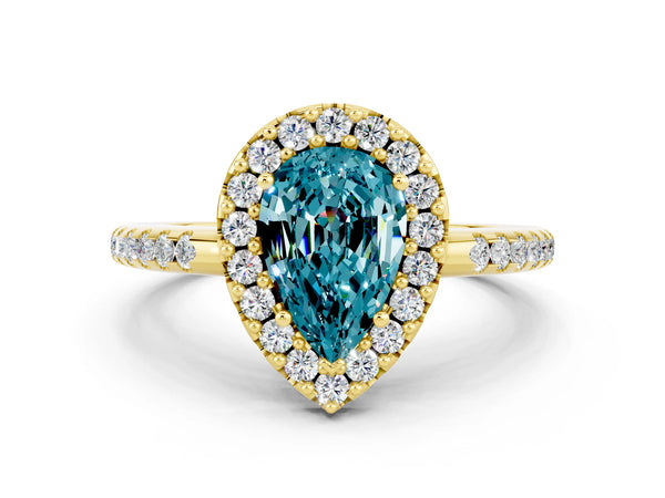 Yellow gold Pear Cut Blue Topaz Pavé Halo Ring with Four-Prong Setting