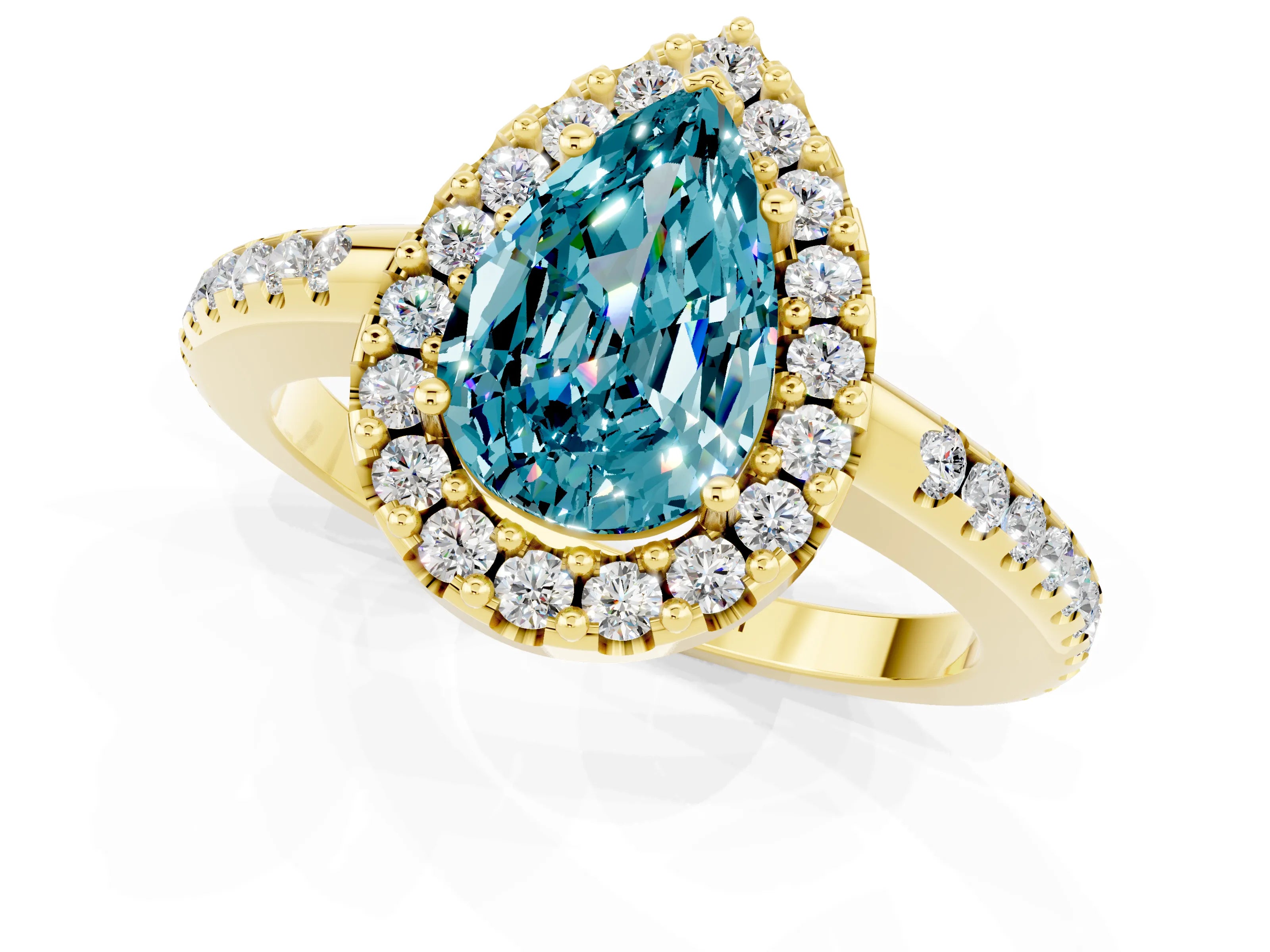 Yellow gold Pear Cut Blue Topaz Pavé Halo Ring with Four-Prong Setting_13