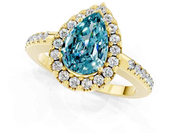 Yellow gold Pear Cut Blue Topaz Pavé Halo Ring with Four-Prong Setting
